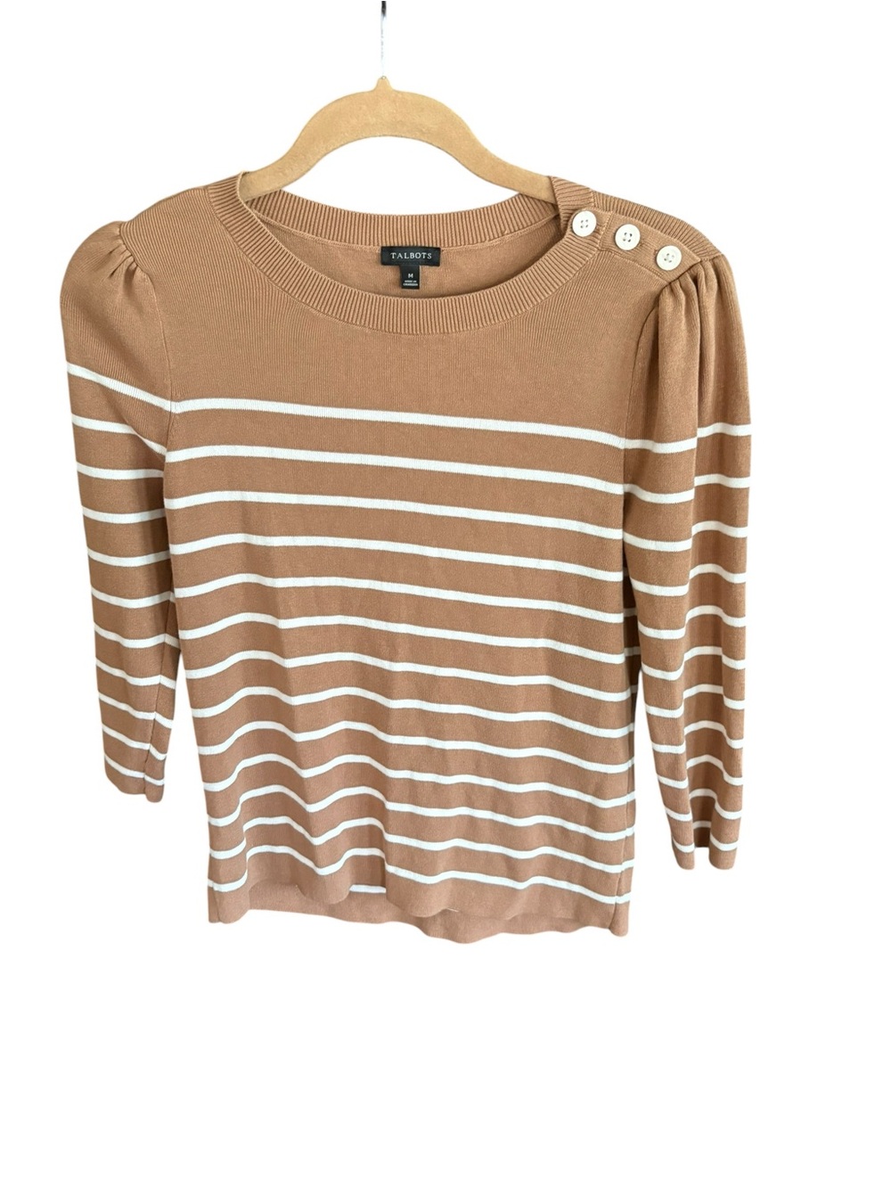 Talbots Camel Cream Striped Puff Sleeve Sweater Medium